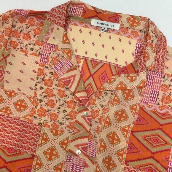 Rose+Olive Top Womens Large Cropped Boxy Aztec Floral Orange Pink Button Up - Picture 10 of 10